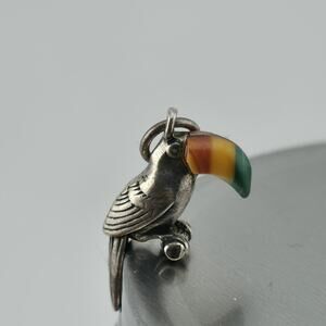 Toucan Bird Pendant 925 Sterling Silver Multicolor Beak Charm Vintage